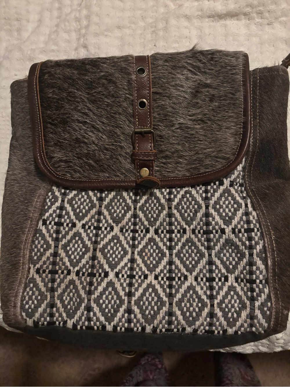Myra Bag Brown & Gray Haircalf Geometric Woven Backpack